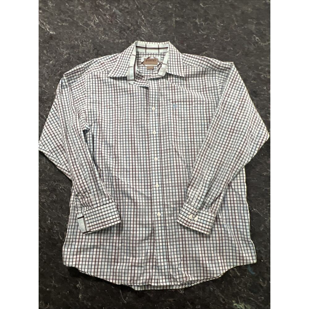 Ariat Wrinkle Free Shirt Mens L Light Blue Check Button Down Ranch Rodeo Cowboy